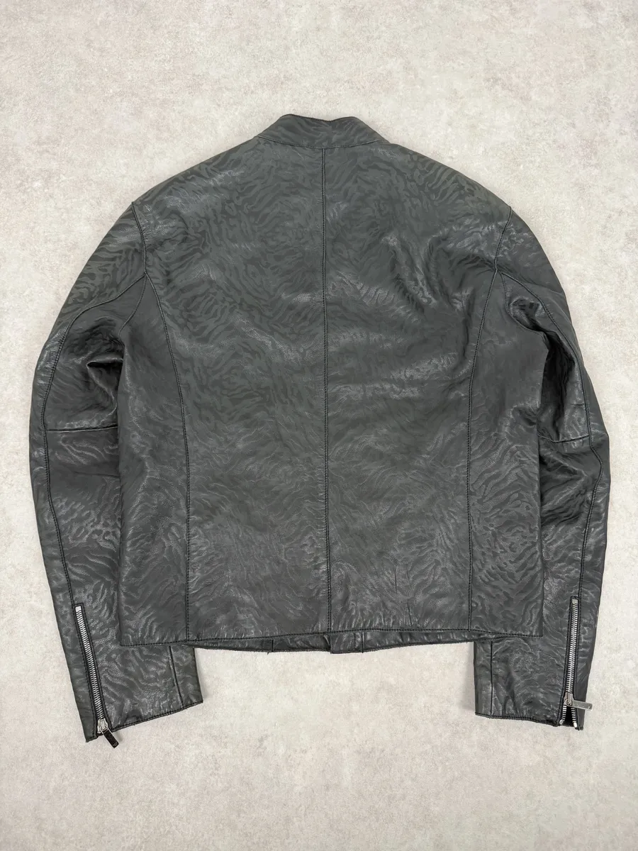 AW2014 Emporio Armani Relief Zebra Asymmetrical Biker Black Leather Jacket - Image 3