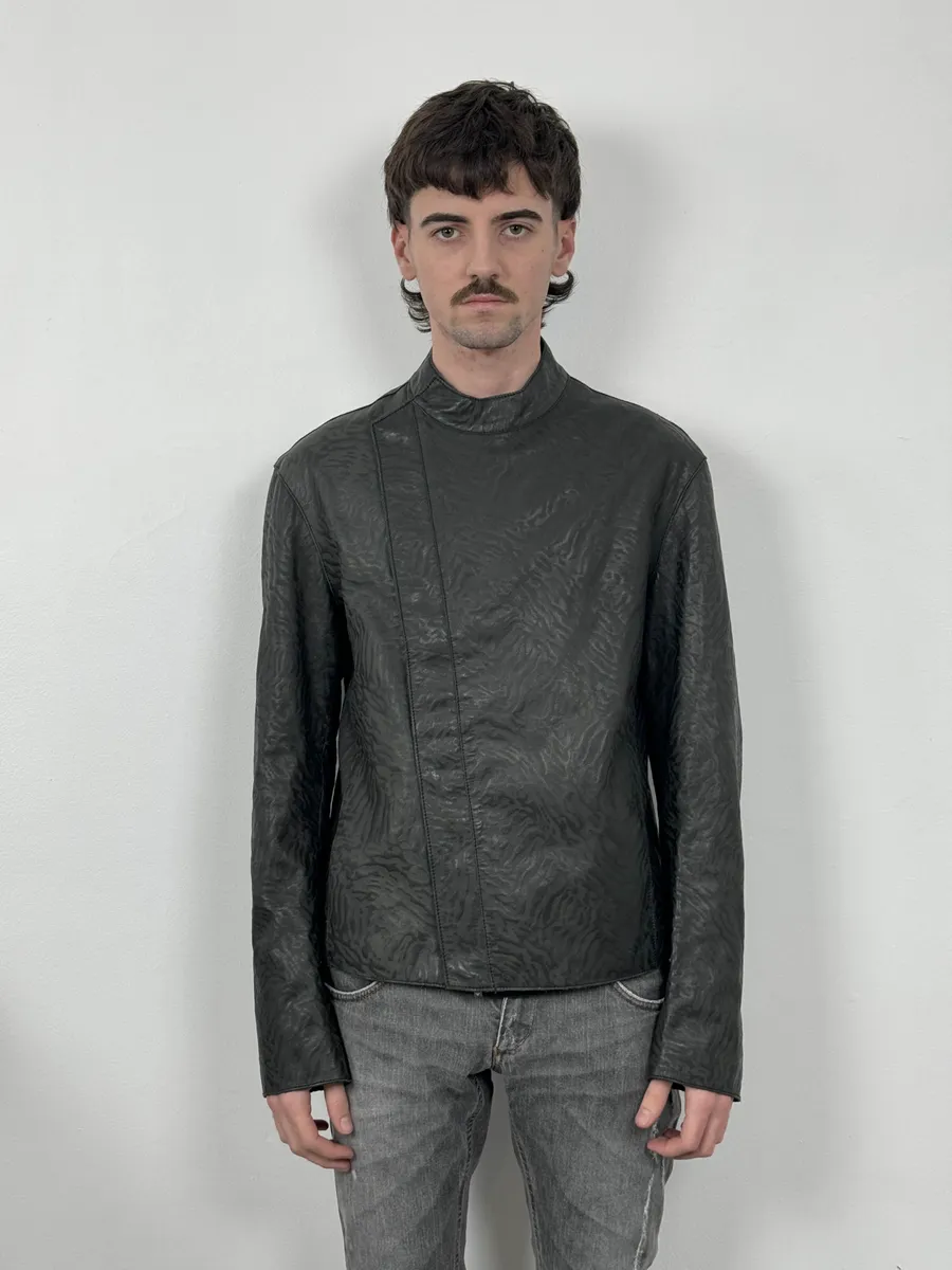 AW2014 Emporio Armani Relief Zebra Asymmetrical Biker Black Leather Jacket - Image 4