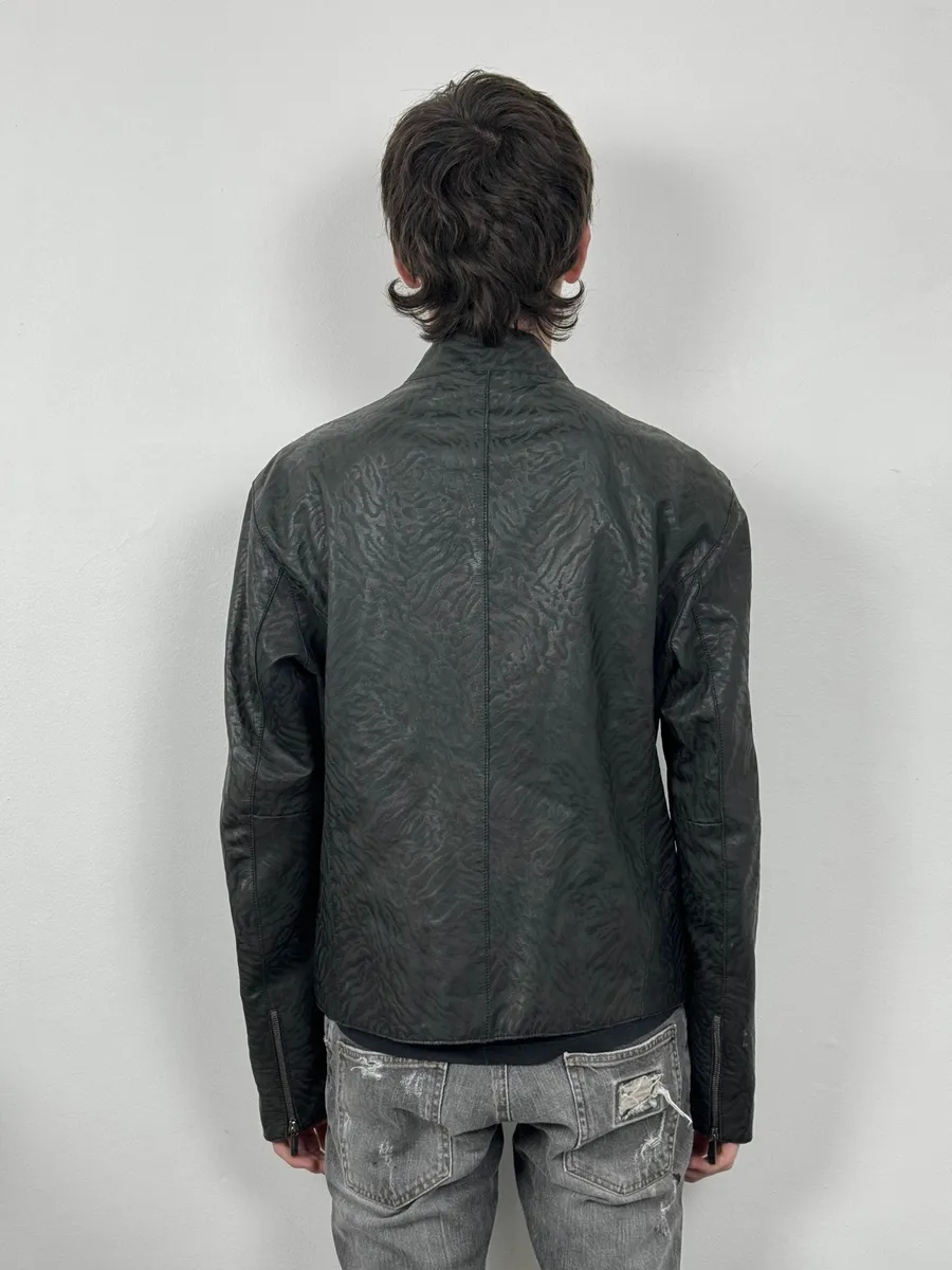 AW2014 Emporio Armani Relief Zebra Asymmetrical Biker Black Leather Jacket - Image 5