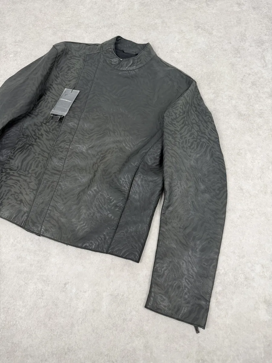AW2014 Emporio Armani Relief Zebra Asymmetrical Biker Black Leather Jacket - Image 6