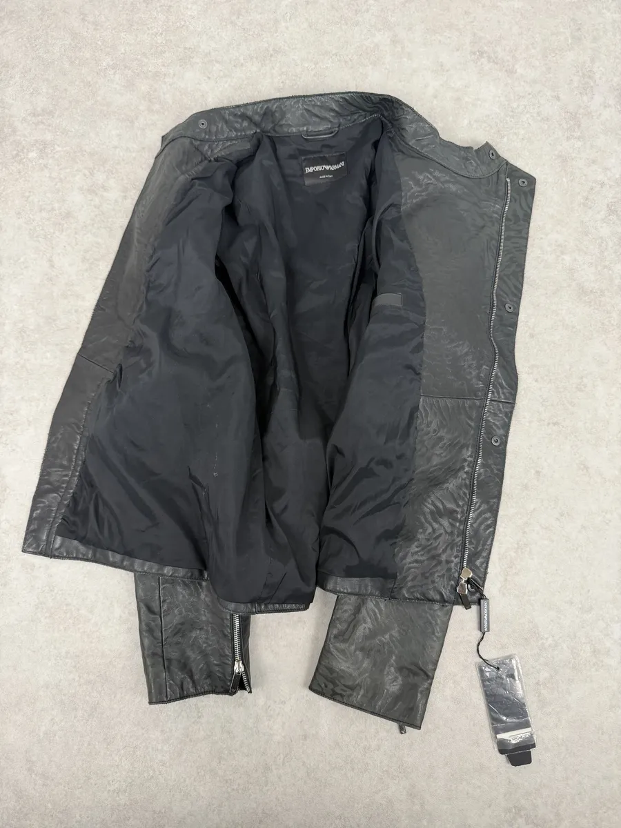 AW2014 Emporio Armani Relief Zebra Asymmetrical Biker Black Leather Jacket - Image 7