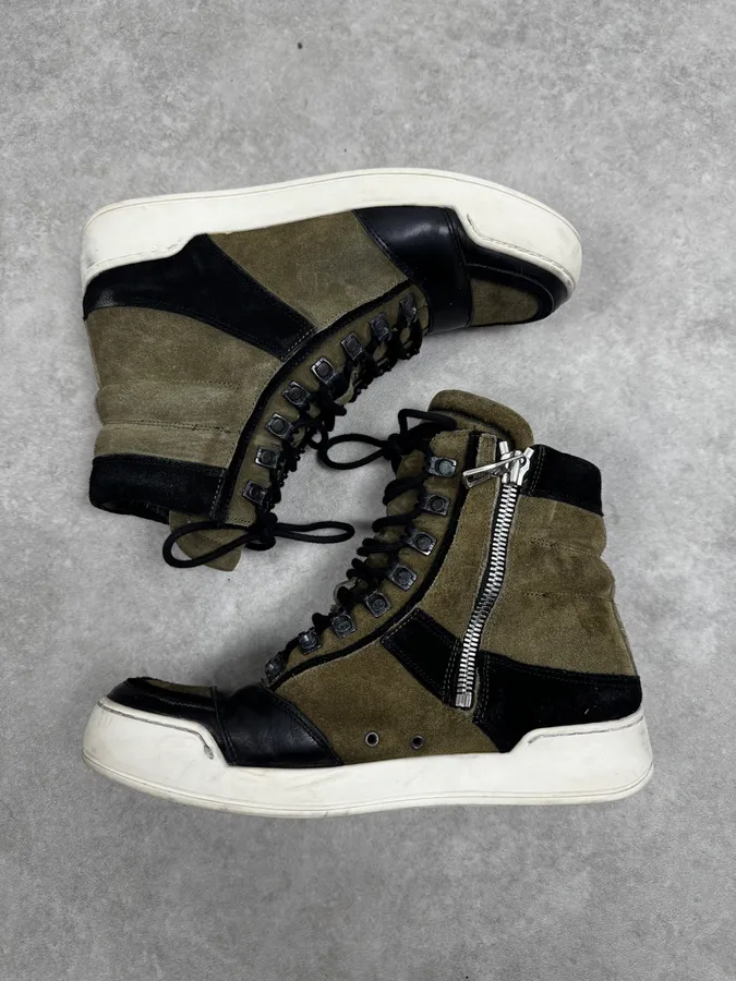 AW2015 Balmain H&M Khaki Suede Leather High Sneakers - Image 4