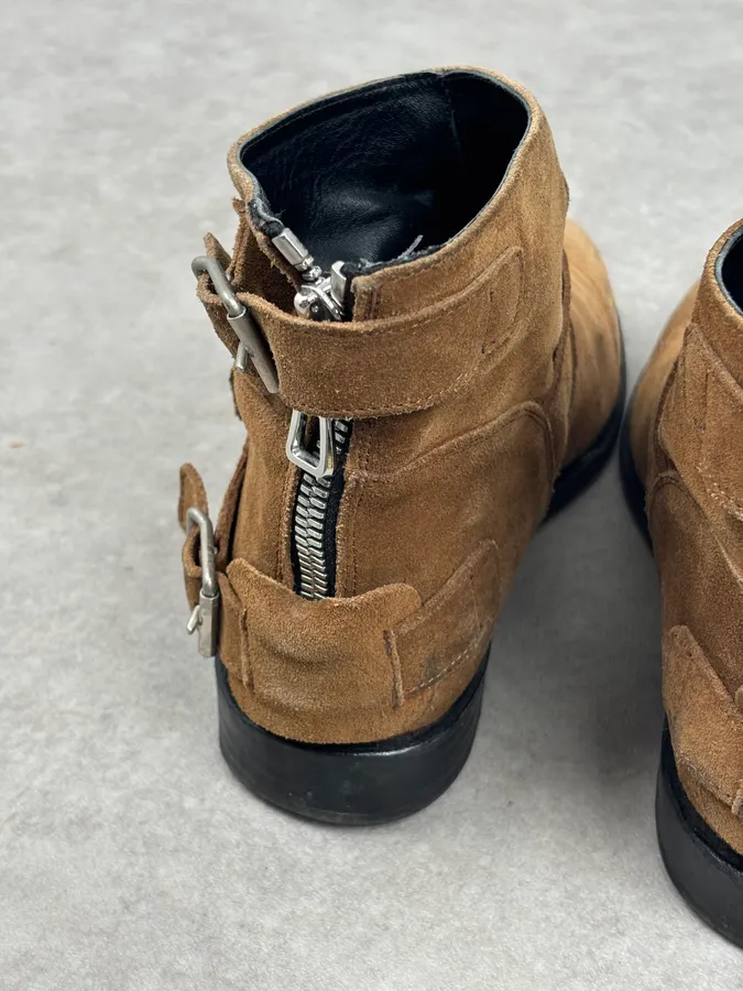 AW2015 Balmain X H&M Tan Camel Suede Leather Strap Biker Boots - Image 10