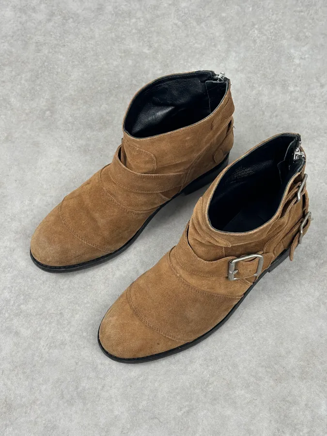 AW2015 Balmain X H&M Tan Camel Suede Leather Strap Biker Boots - Image 3