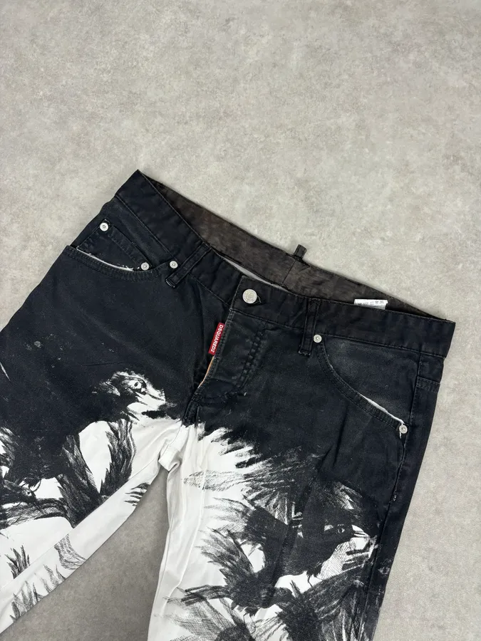 AW2015 Dsquared2 Black White Denim Floral Print Straight Jeans - Image 5