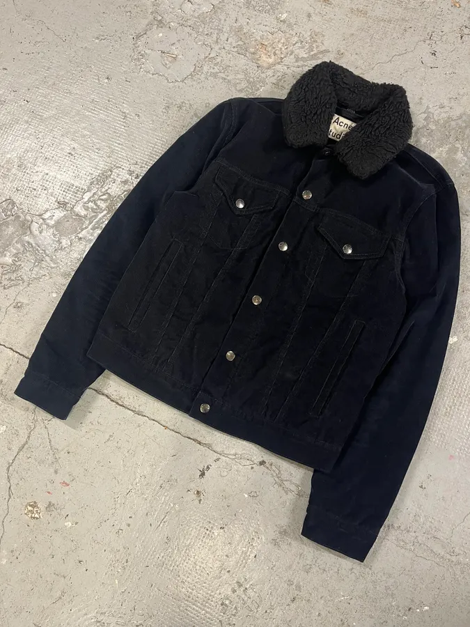 AW2016 Acne Studios Navy Corduroy Fur Collar Trucker Jacket - Image 4