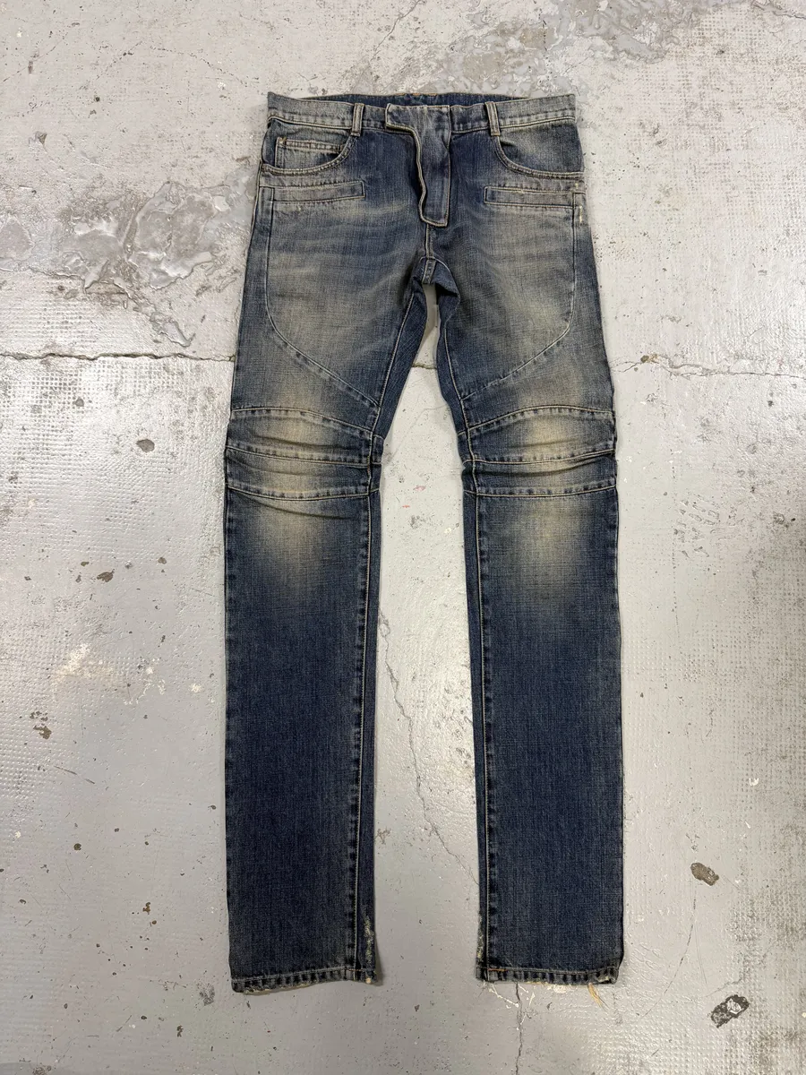 AW2016 Balmain Biker Blue Faded Denim Slim Jeans - Image 4