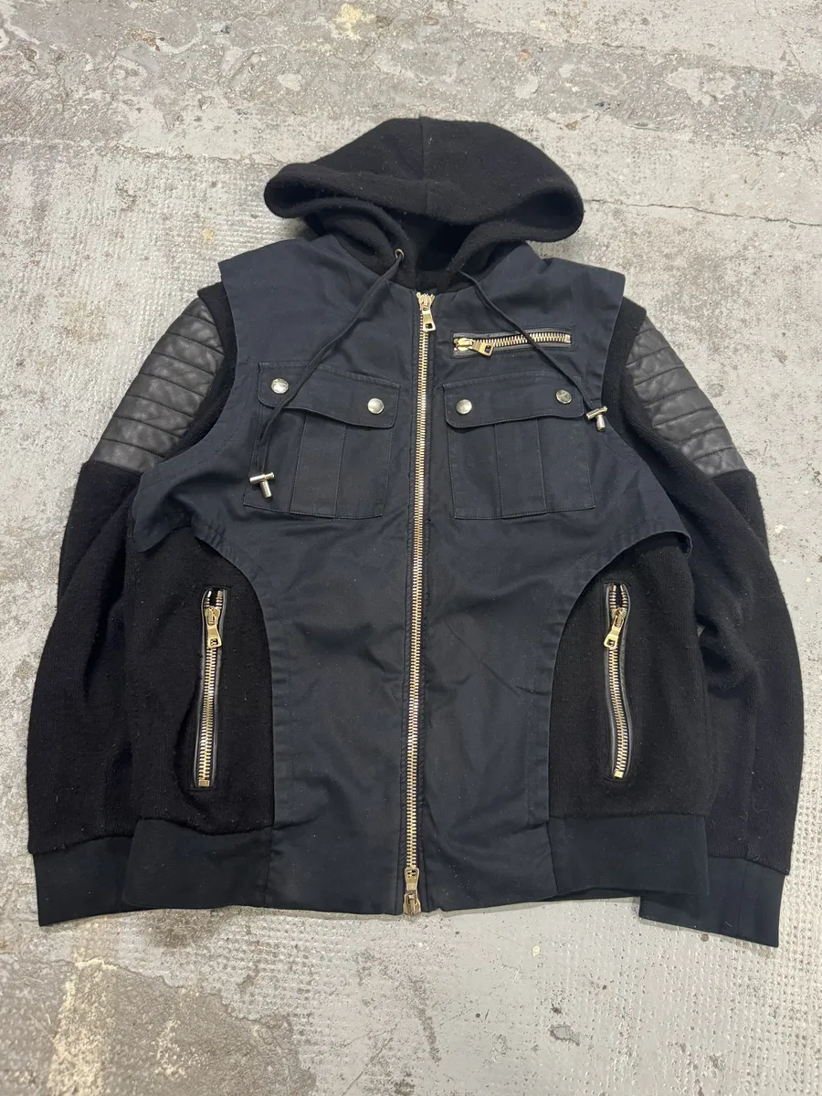 AW2016 Balmain Black Hybrid Biker Zip-up Hooded Jacket - Image 5