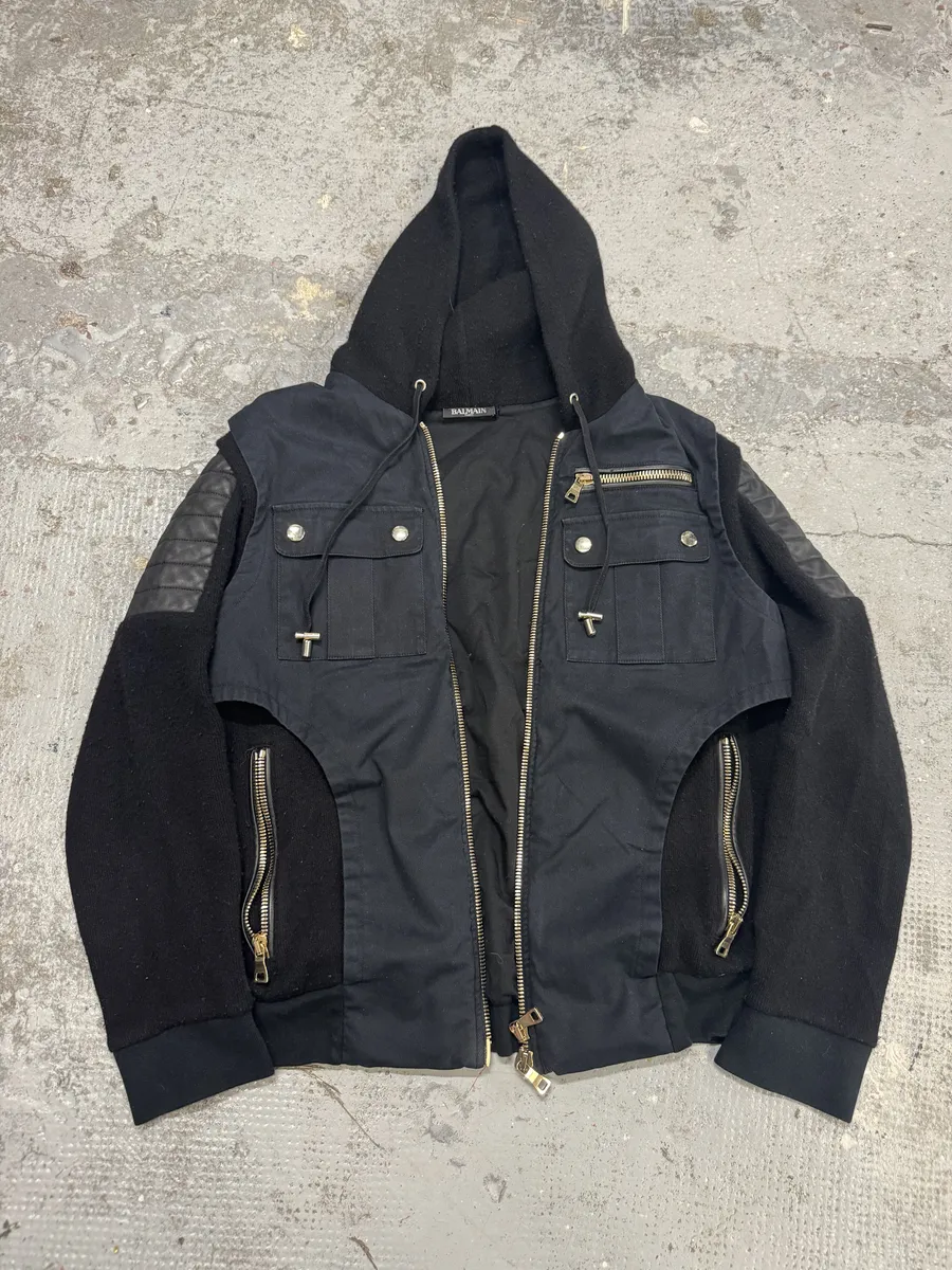 AW2016 Balmain Black Hybrid Biker Zip-up Hooded Jacket - Image 6