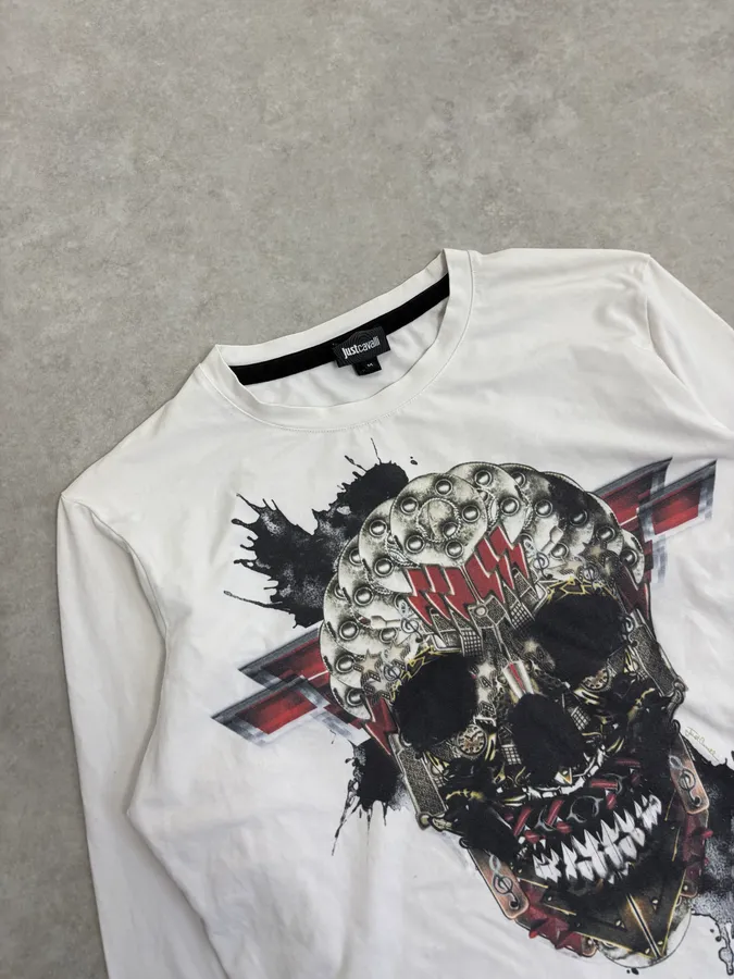 AW2016 Cavalli Metal Skull Print White Longsleeves - Image 5