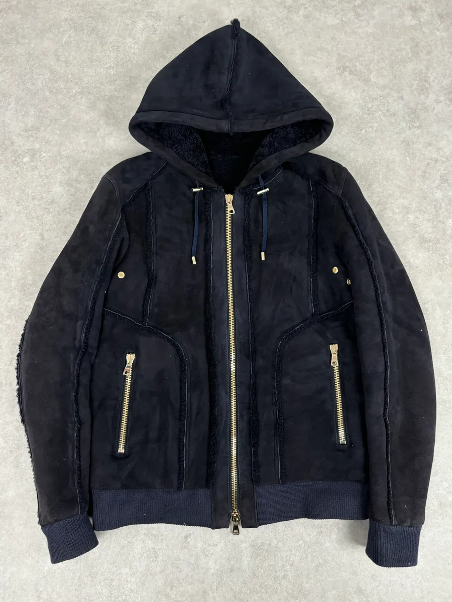 AW2017 Balmain Black Lamb Leather Hooded Jacket