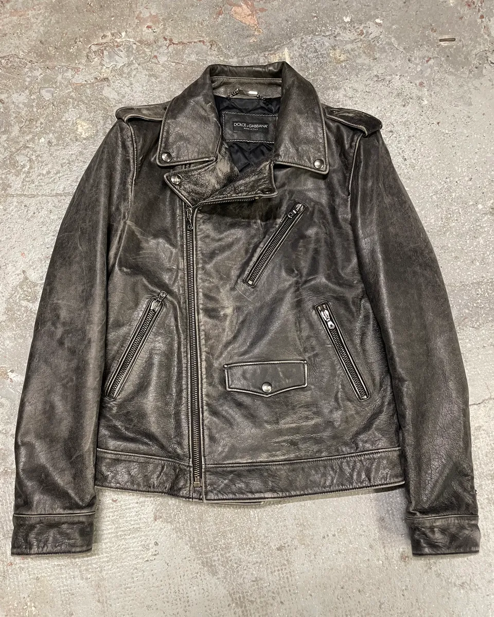 AW2017 Dolce & Gabbana Biker Aged Raw Black Leather Jacket