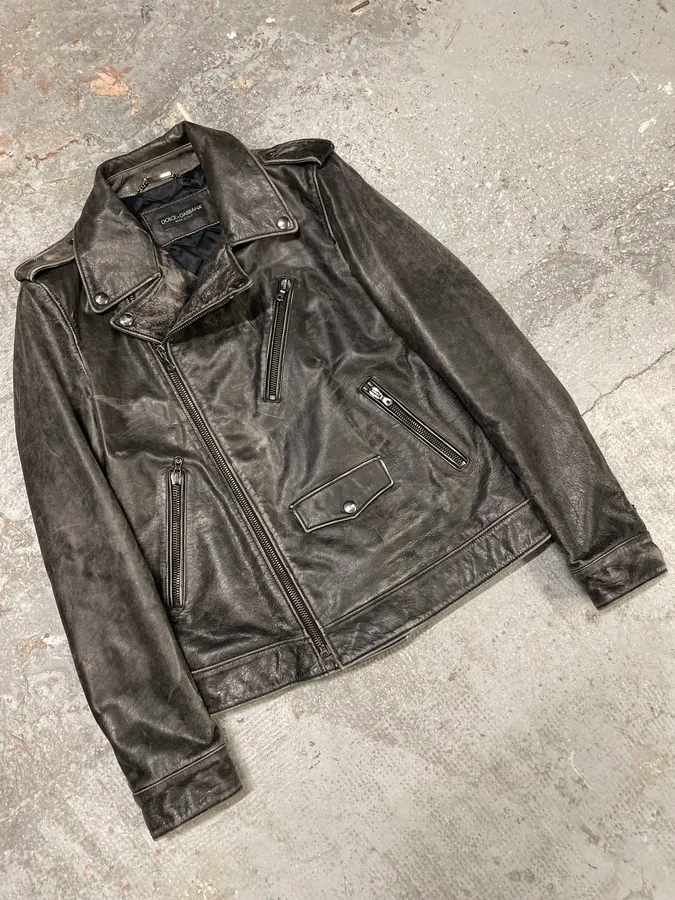AW2017 Dolce & Gabbana Biker Aged Raw Black Leather Jacket - Image 4