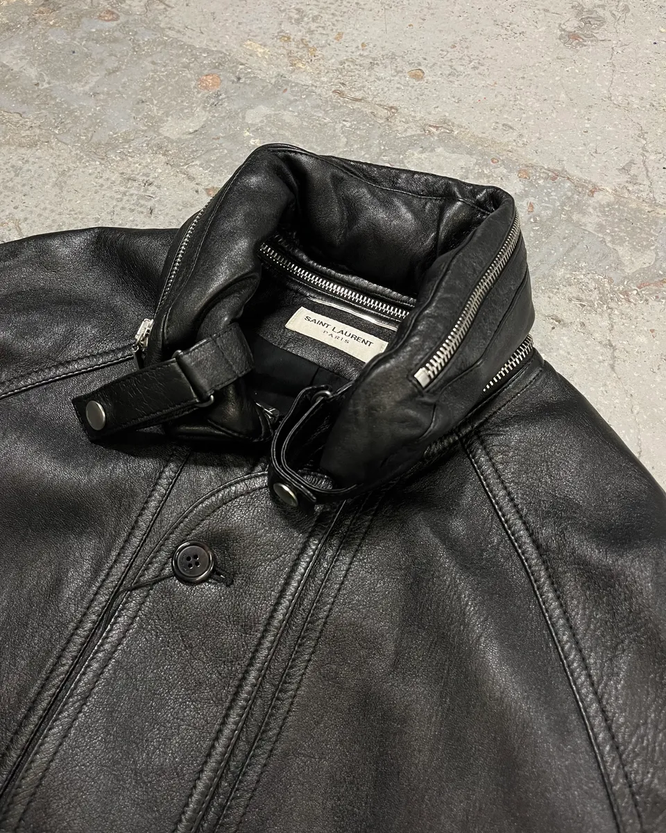 AW2017 Saint Laurent Black Leather Hooded Detachable Collar Jacket - Image 5