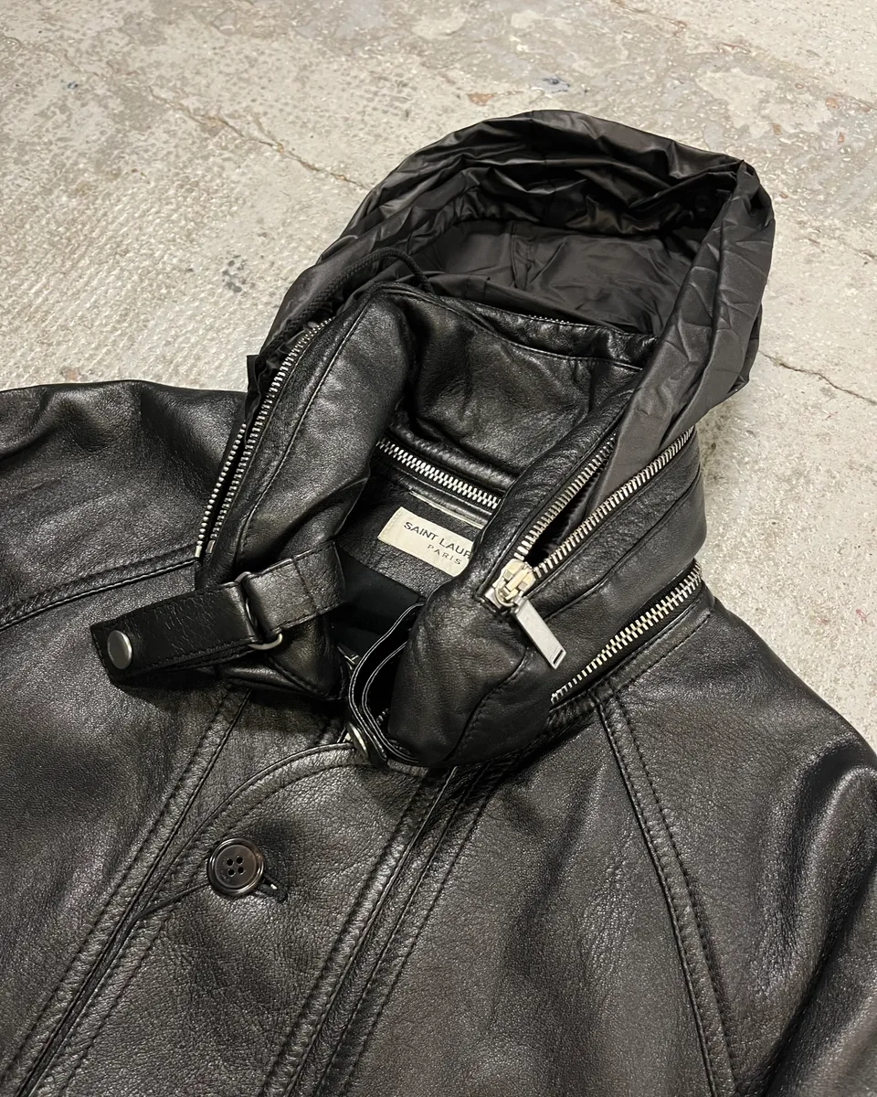 AW2017 Saint Laurent Black Leather Hooded Detachable Collar Jacket - Image 6
