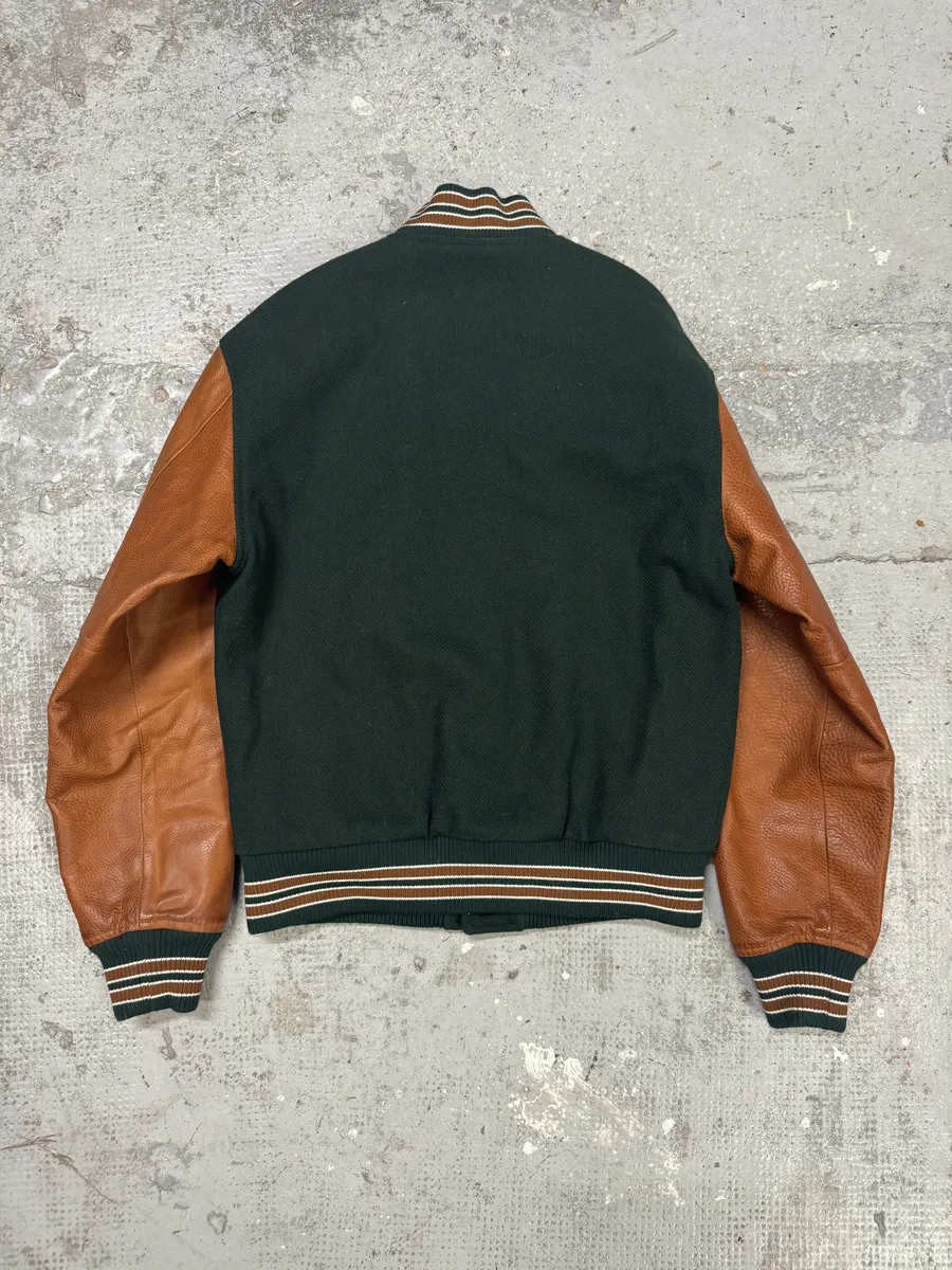 AW2017 Saint Laurent Green & Orange Leather Sleeves Teddy Varsity Jacket - Image 9