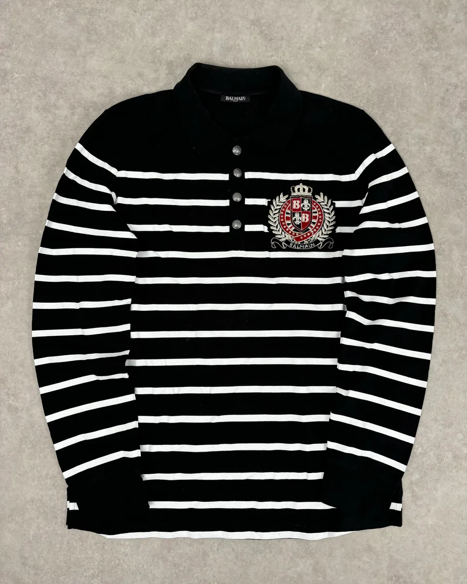 AW2018 Balmain Black Cotton Striped Polo Sweater