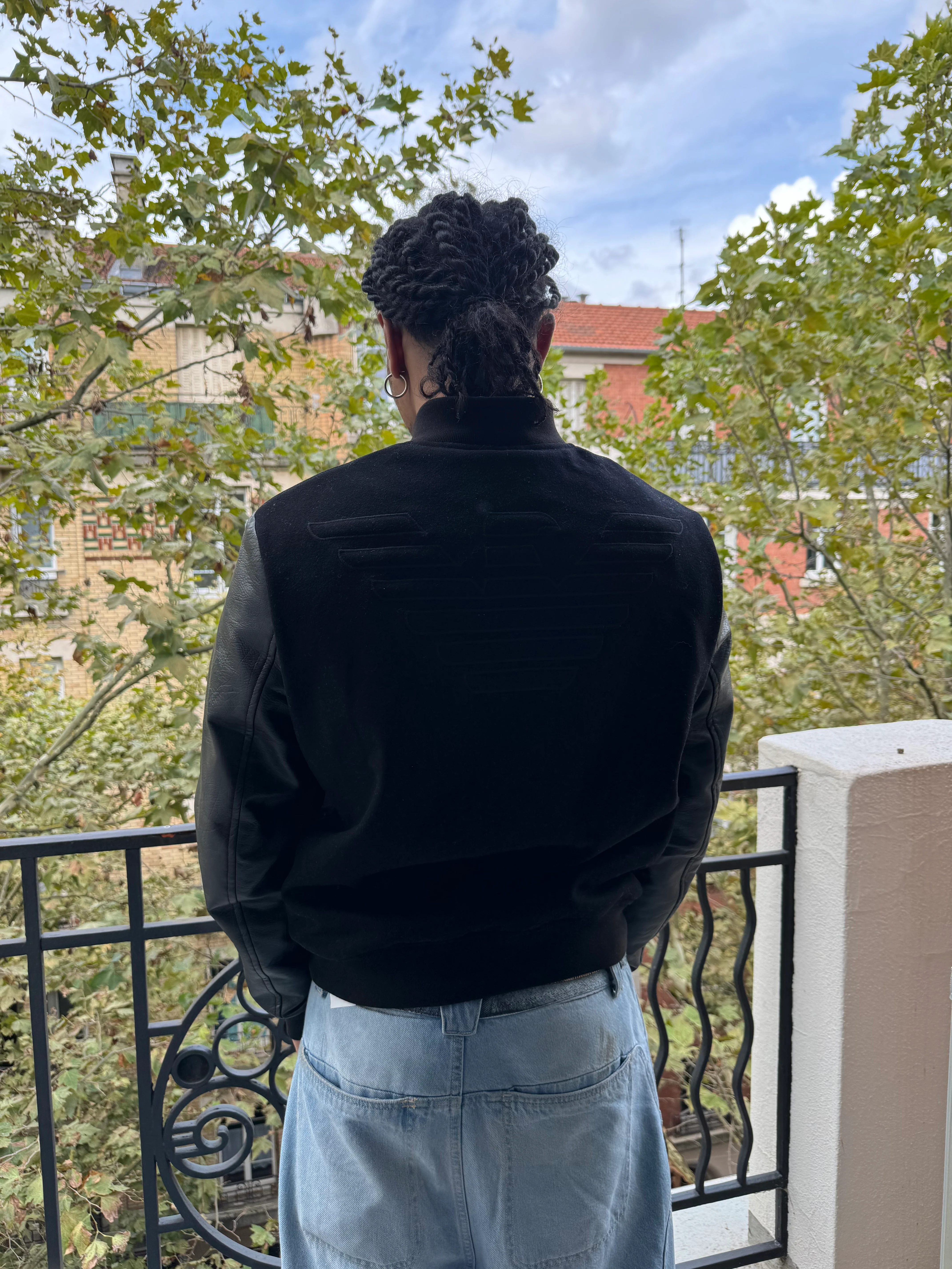 AW2018 Emporio Armani Black Leather Sleeves Bomber Jacket - Image 7