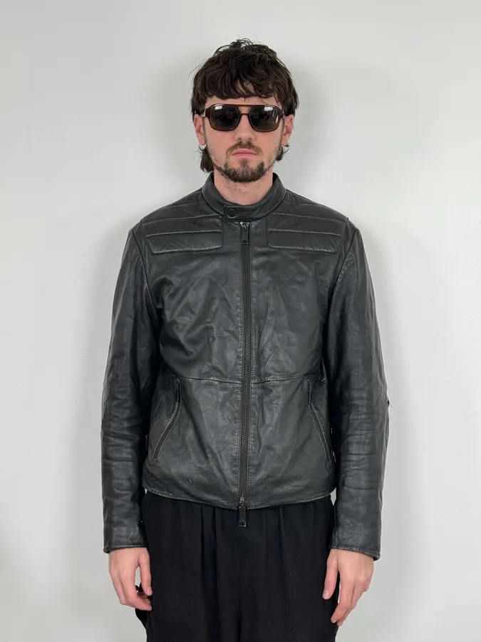 AW2018 Emporio Armani Black Padded Biker Leather Jacket - Image 2