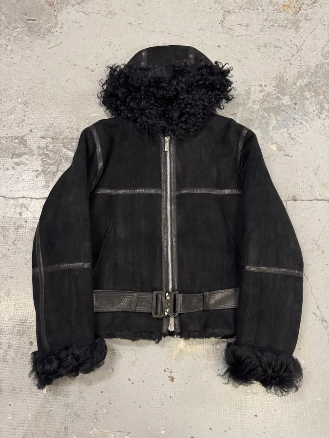 AW2018 Emporio Armani Black Shearling Imperialist Bondage Leather Jacket