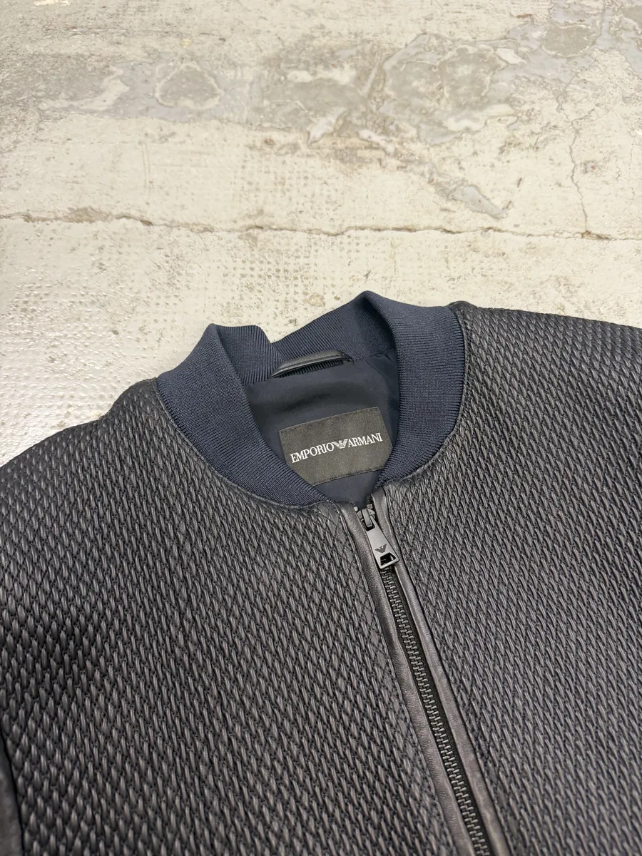 AW2018 Emporio Armani Navy & Black Waffled Leather Bomber Jacket - Image 10