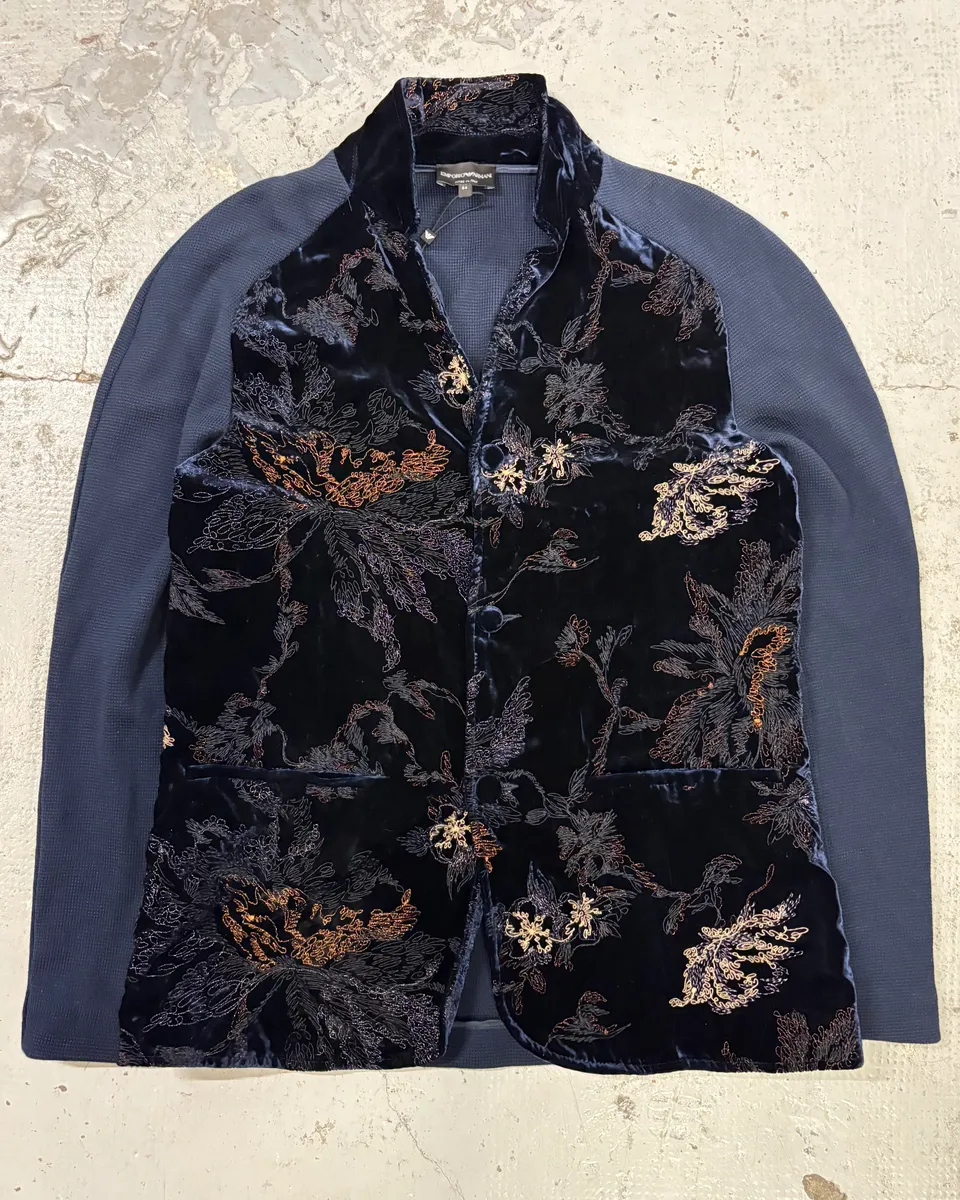 AW2018 Emporio Armani Navy Velvet Floral Embroidered Hybrid Jacket
