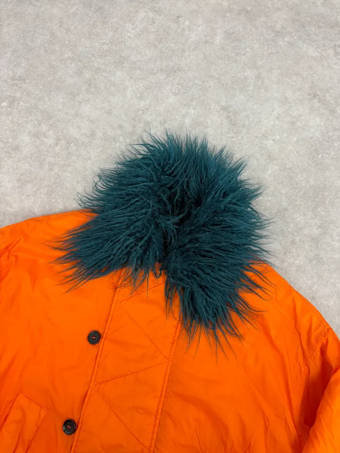 AW2018 Maison Margiela Orange Navy Fur Collar Bomber Jacket - Image 4