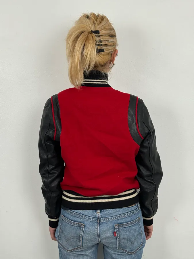 AW2018 Saint Laurent Red & Black Hybrid Leather Varsity Jacket - Image 3