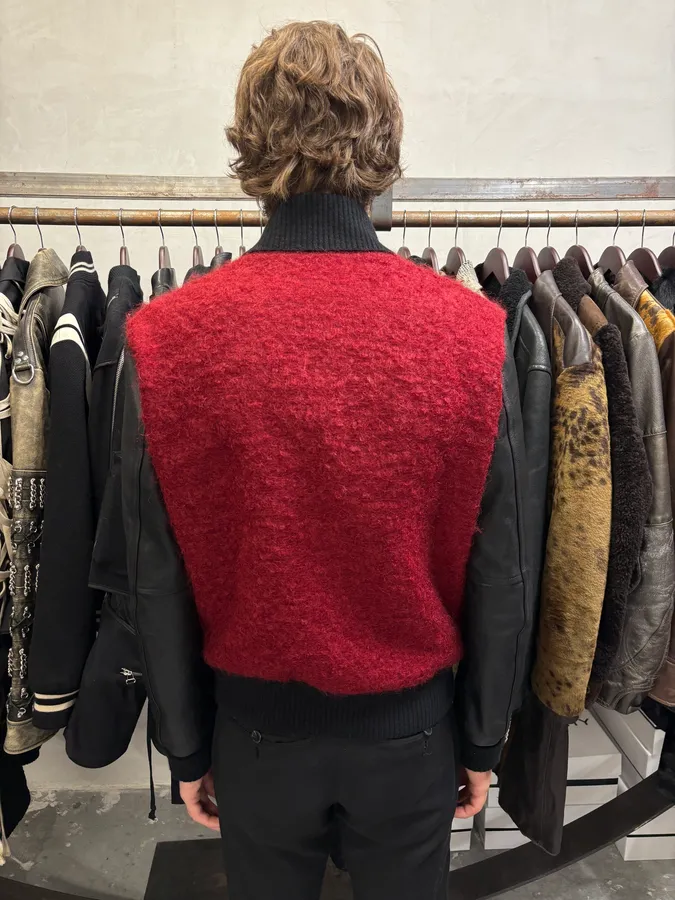 AW2018 Saint Laurent Red Mohair Black Leather Teddy Bomber Jacket - Image 3
