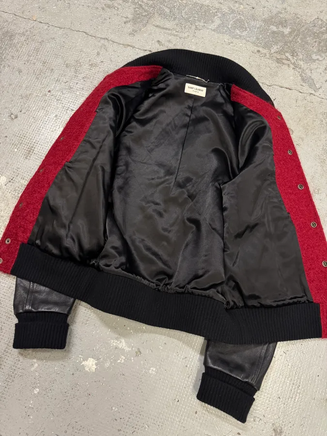 AW2018 Saint Laurent Red Mohair Black Leather Teddy Bomber Jacket - Image 9
