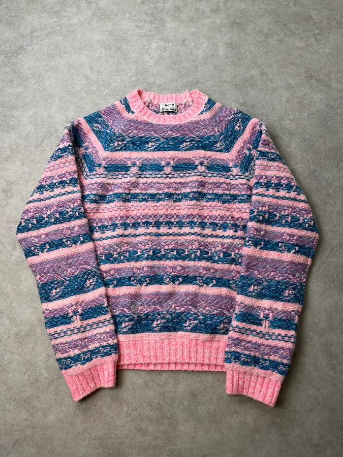AW2019 Acne Studios Pink &  Blue Jacquard Karlos Sweater - Image 4