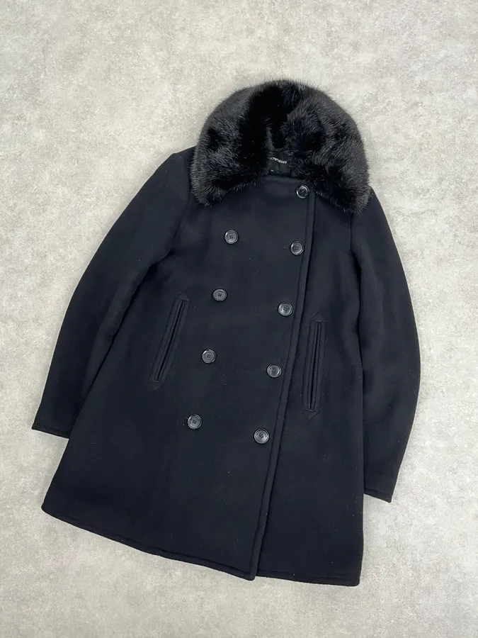 AW2019 Emporio Armani Black Wool Faux Fur Collar Buttoned Coat - Image 4