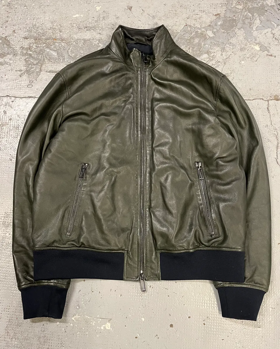 AW2019 Emporio Armani Green Leather Bomber Jacket - Image 4