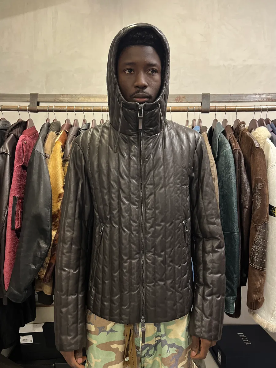 AW2019 Emporio Armani Grey Leather Lines Hooded Jacket - Image 2