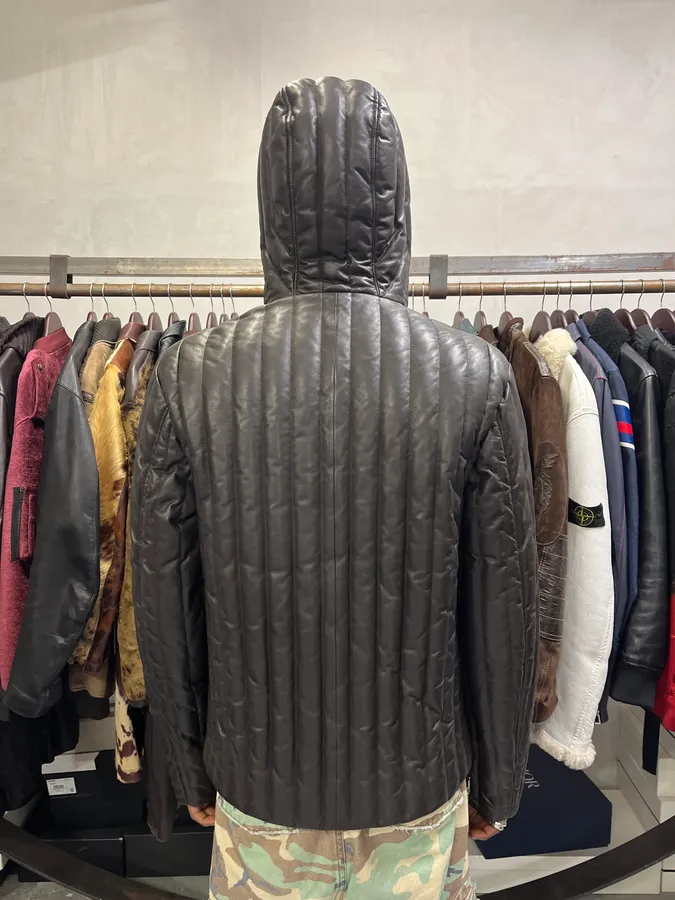AW2019 Emporio Armani Grey Leather Lines Hooded Jacket - Image 3