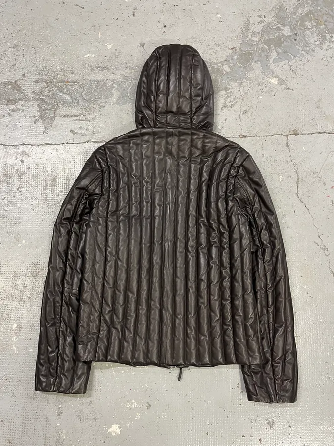 AW2019 Emporio Armani Grey Leather Lines Hooded Jacket - Image 4
