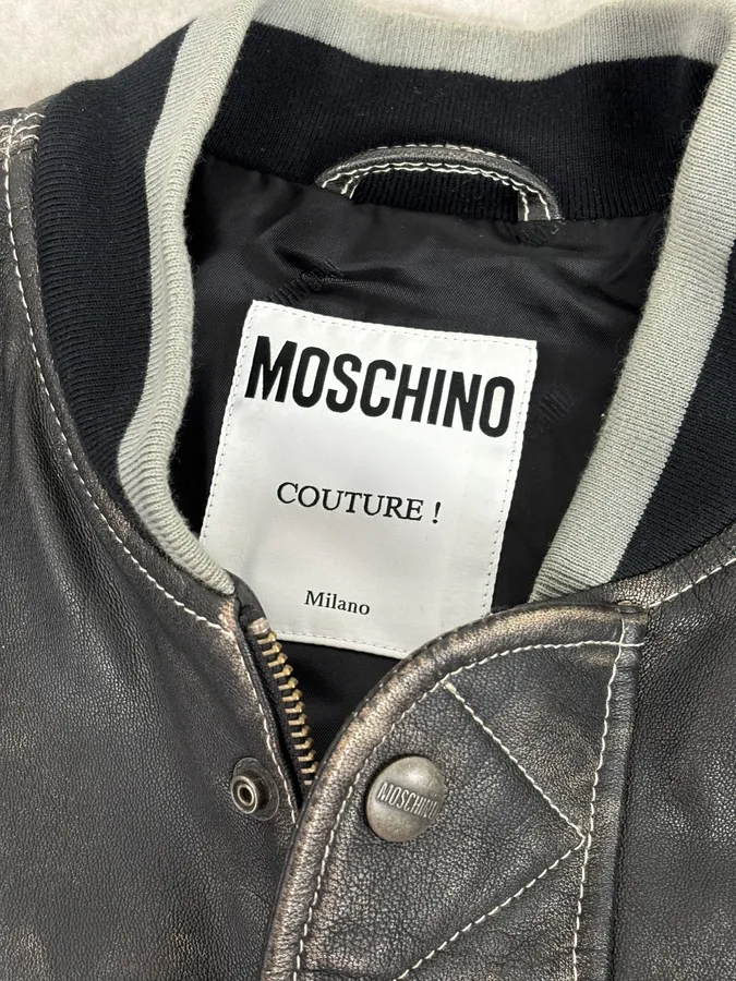 AW2020 Moschino Faded Leather Trucker Bomber Grey Jacket - Image 10