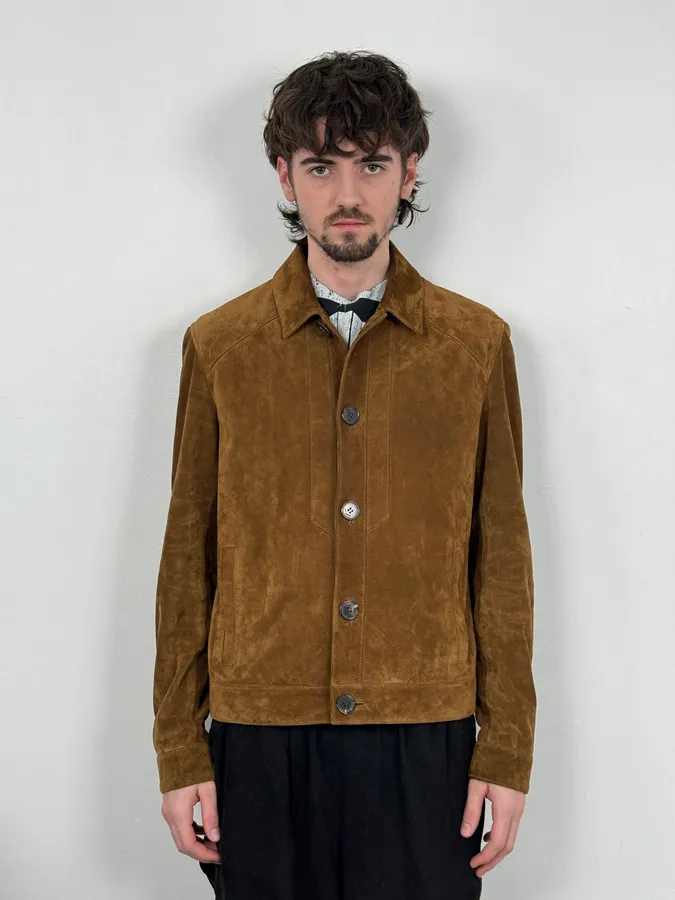 AW2020 Saint Laurent Brown Camel Suede Leather Trucker Jacket - Image 2