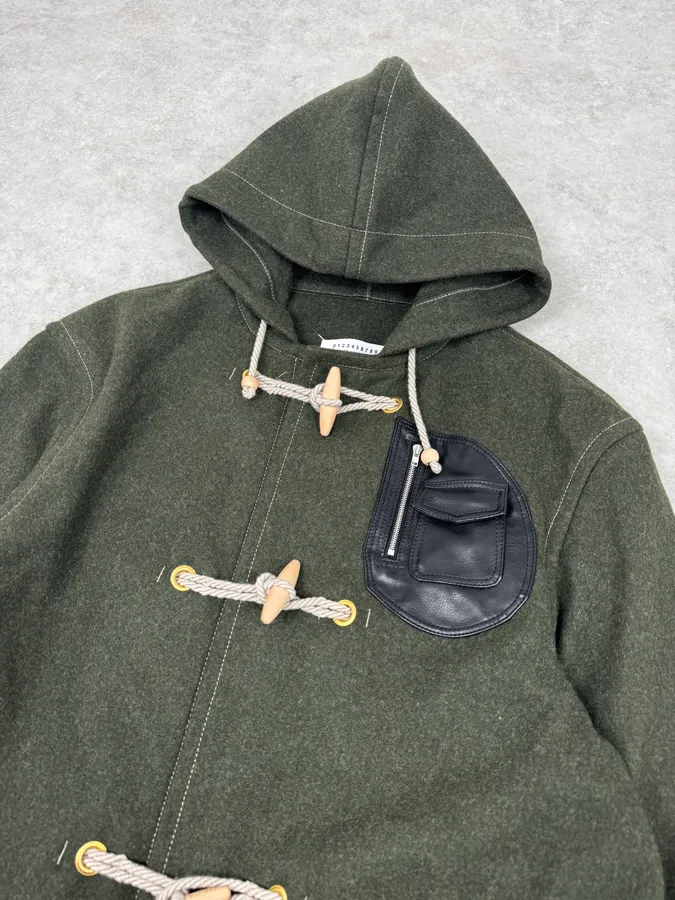 AW2021 Maison Margiela Montgomery Green Wool & Leather Hooded Coat - Image 5
