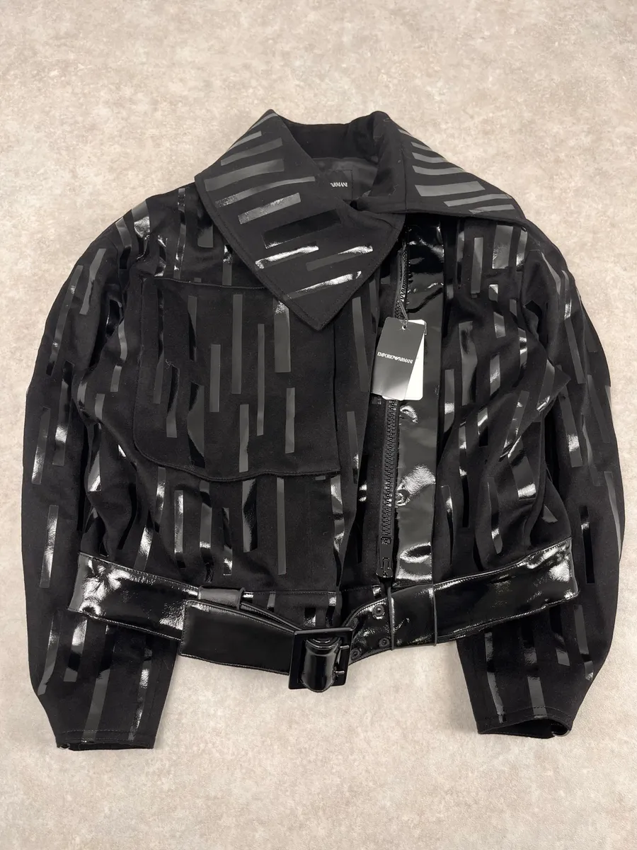 AW2022 Emporio Armani Black Asymmetrical Zip Cropped Bomber Jacket - Image 5