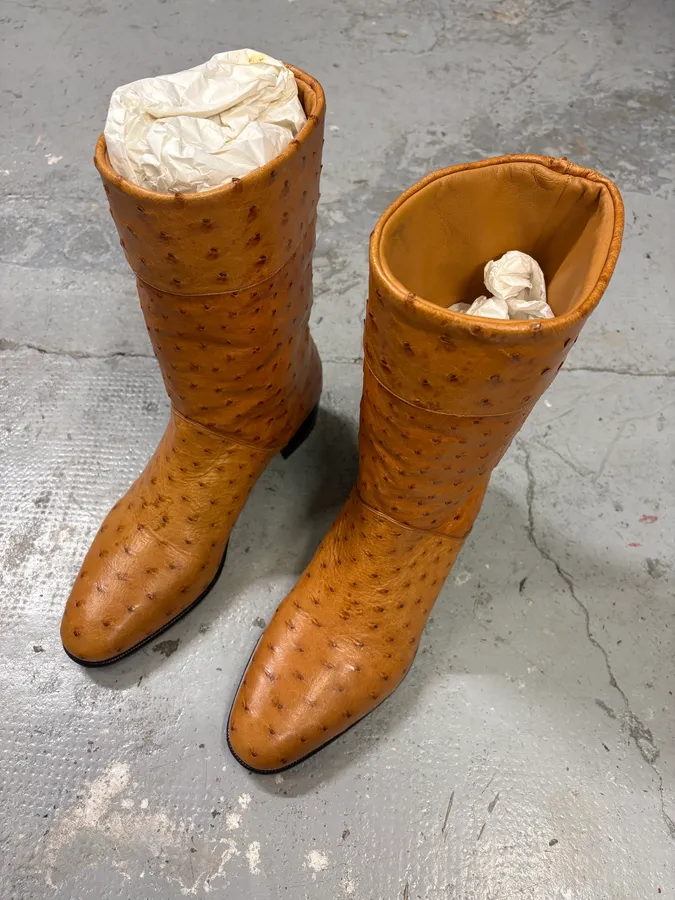 AW2023 Gucci Ostrich Camel Cowboy Ankle Leather Boots - Image 3