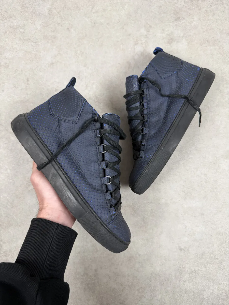 Balenciaga Arena Blue & Black Python Snakeskin Effect Leather High Sneakers