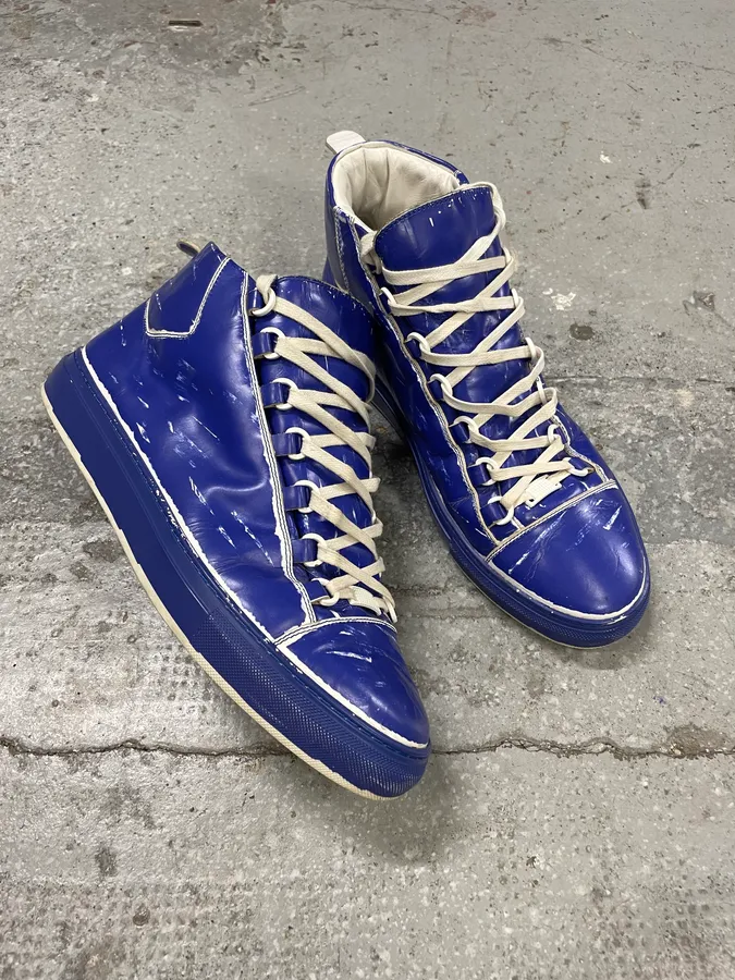 Balenciaga Arena High Blue Painted Effect Leather Shoes - Image 5