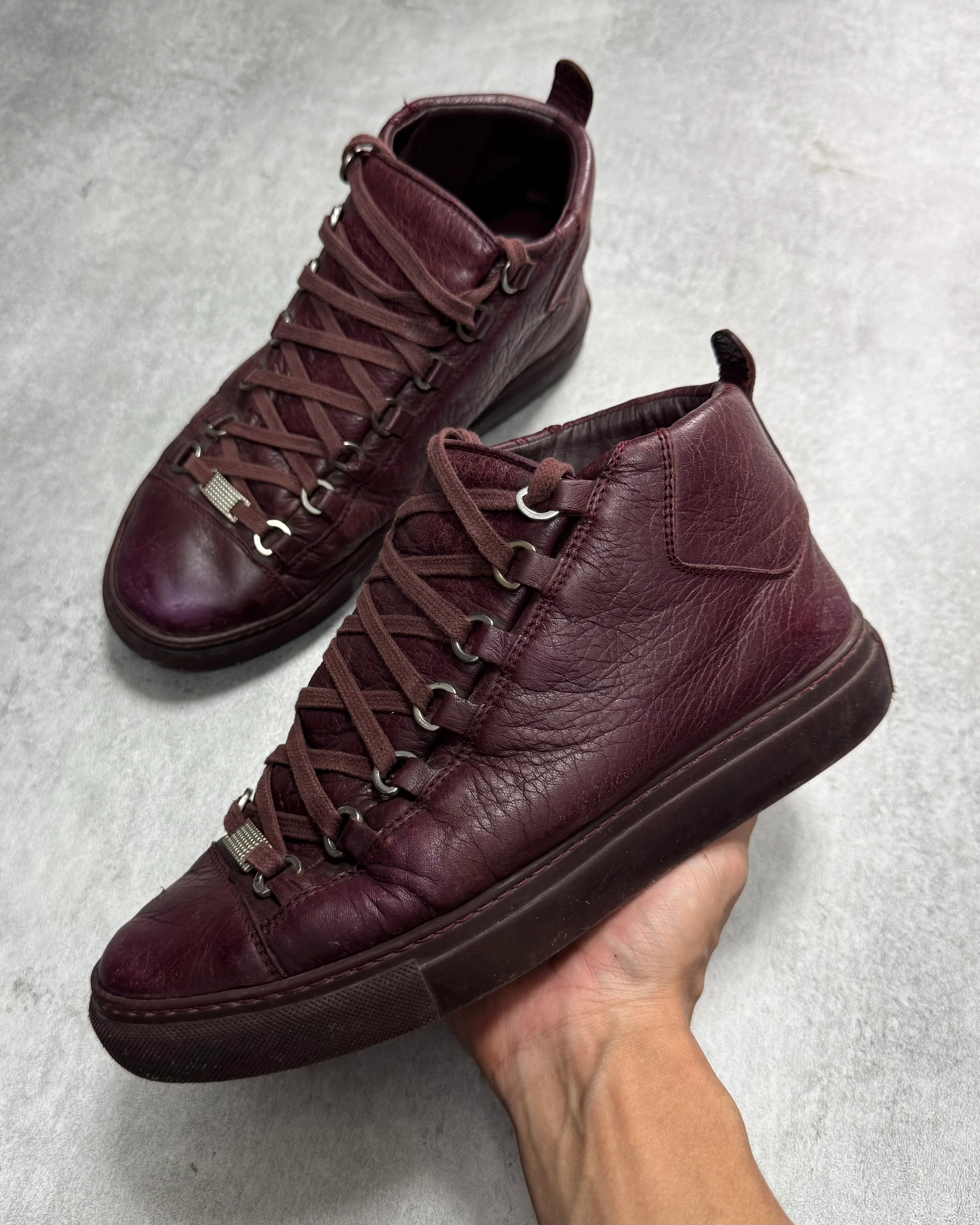 Balenciaga Arena High Bordeaux Craked Leather Sneakers