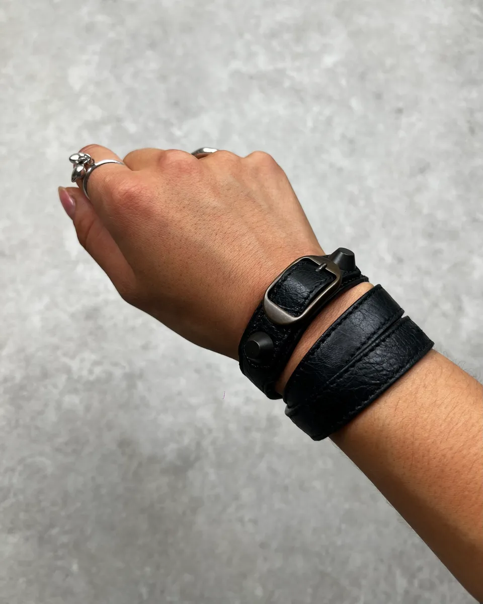 Balenciaga Black Leather Studded Buckle Bracelet