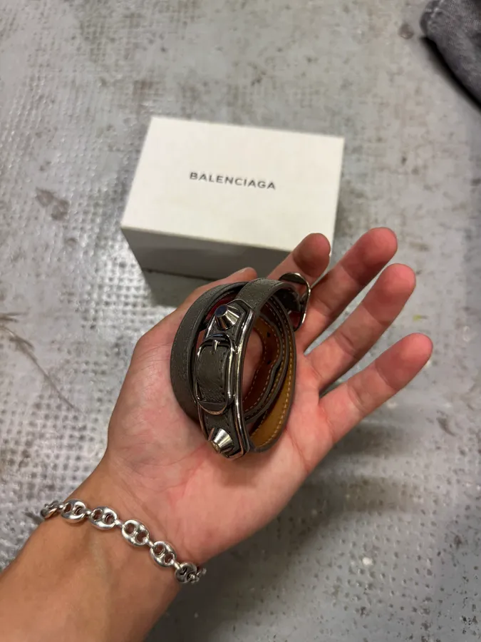 Balenciaga City Grey Olive Leather Studded Bracelet - Image 8