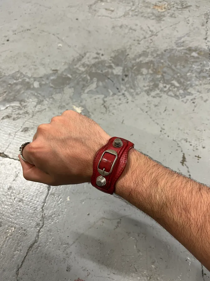 Balenciaga City Studded Red Leather Armband Bracelet