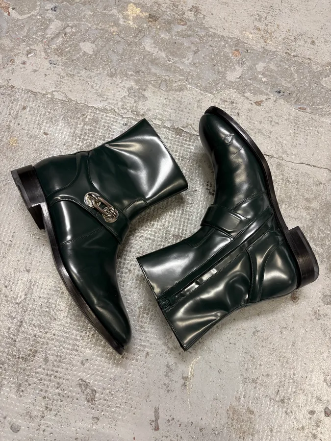 Balenciaga Dark Green Leather Ankle Boots - Image 6