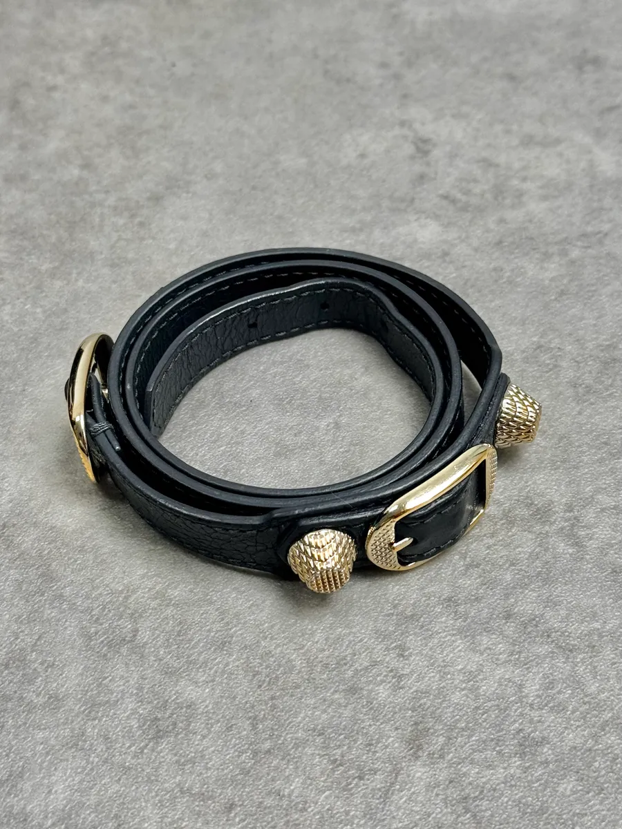 Balenciaga Dark Navy Gold-Studded Leather Wrap Bracelet - Image 2