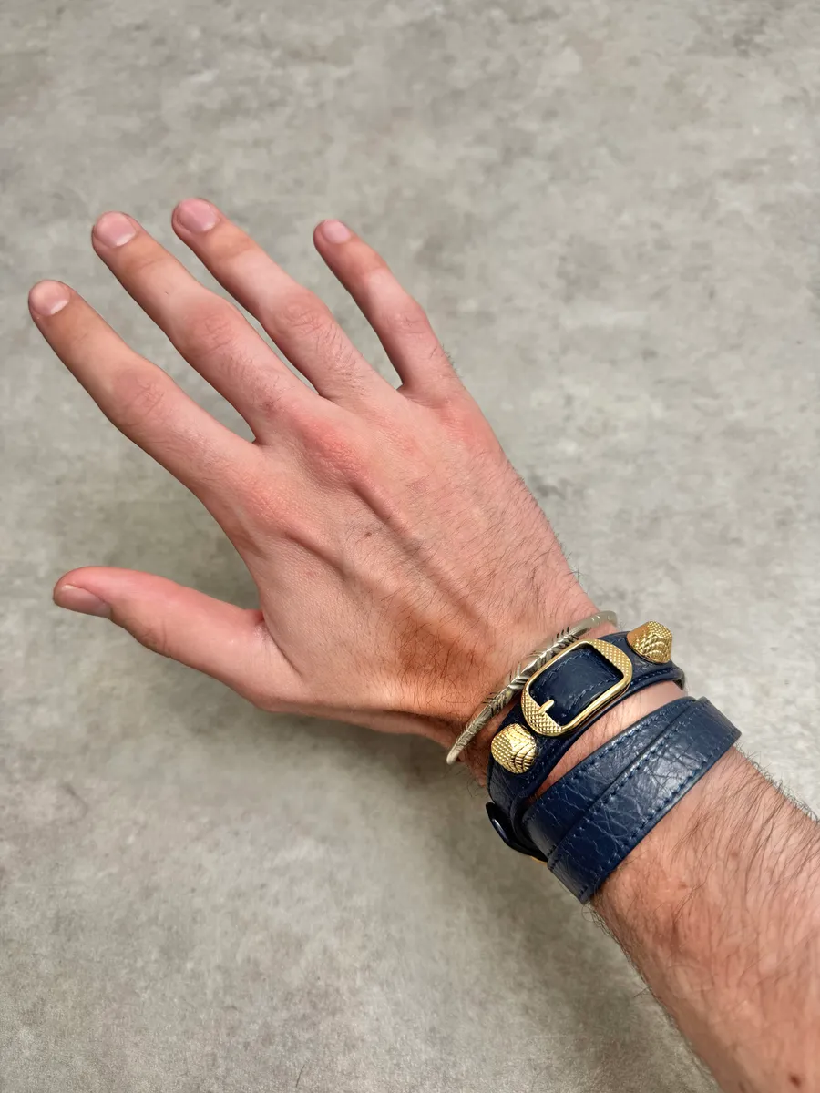 Balenciaga Navy & Gold Studded Cuff Leather Bracelet